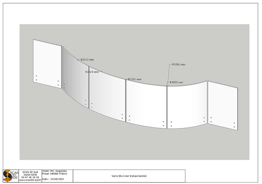 Plan et mesure du garde corps en verres bombés singulier